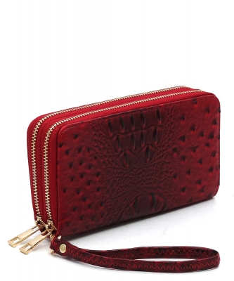 Ostrich Croc Double Zip Around Wallet Wristlet OS0012 RED